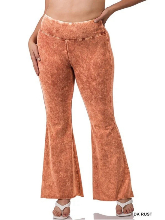 Zenana Pants - Zenana 1X Dark Rust Mineral Wash Flare Pants Stretch Cotton Bell Bottom